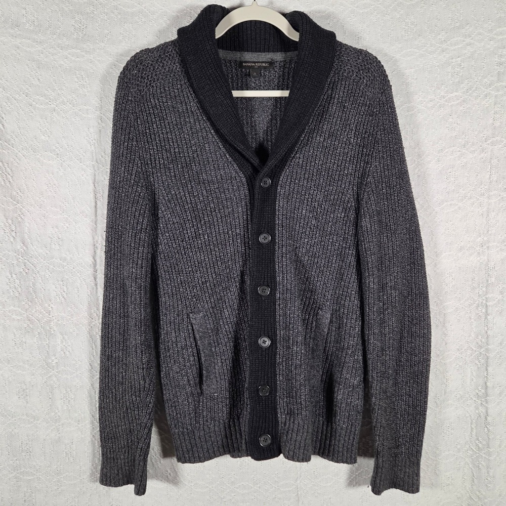 Banana Republic Mens Shawl Collar Cardigan Sweater Gray Black Ribbed Knit Small